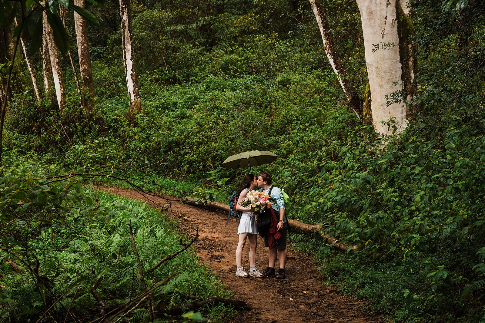 Couple kisses under an umbrella while hiking a rainforest trail in Kauai during their adventure elopement. 