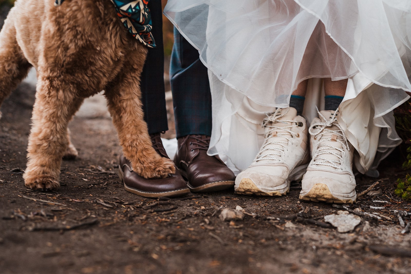 Bride wears white hiking boots with dress. Groom wears brown leather boots and pup steps paw on his shoe.