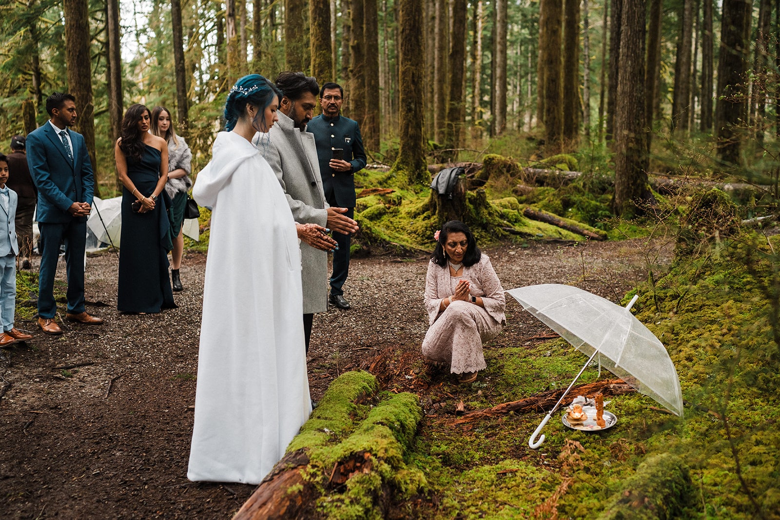 Bride and groom participate in traditional Indian wedding ceremony rituals during their unique elopement in Washington state. 