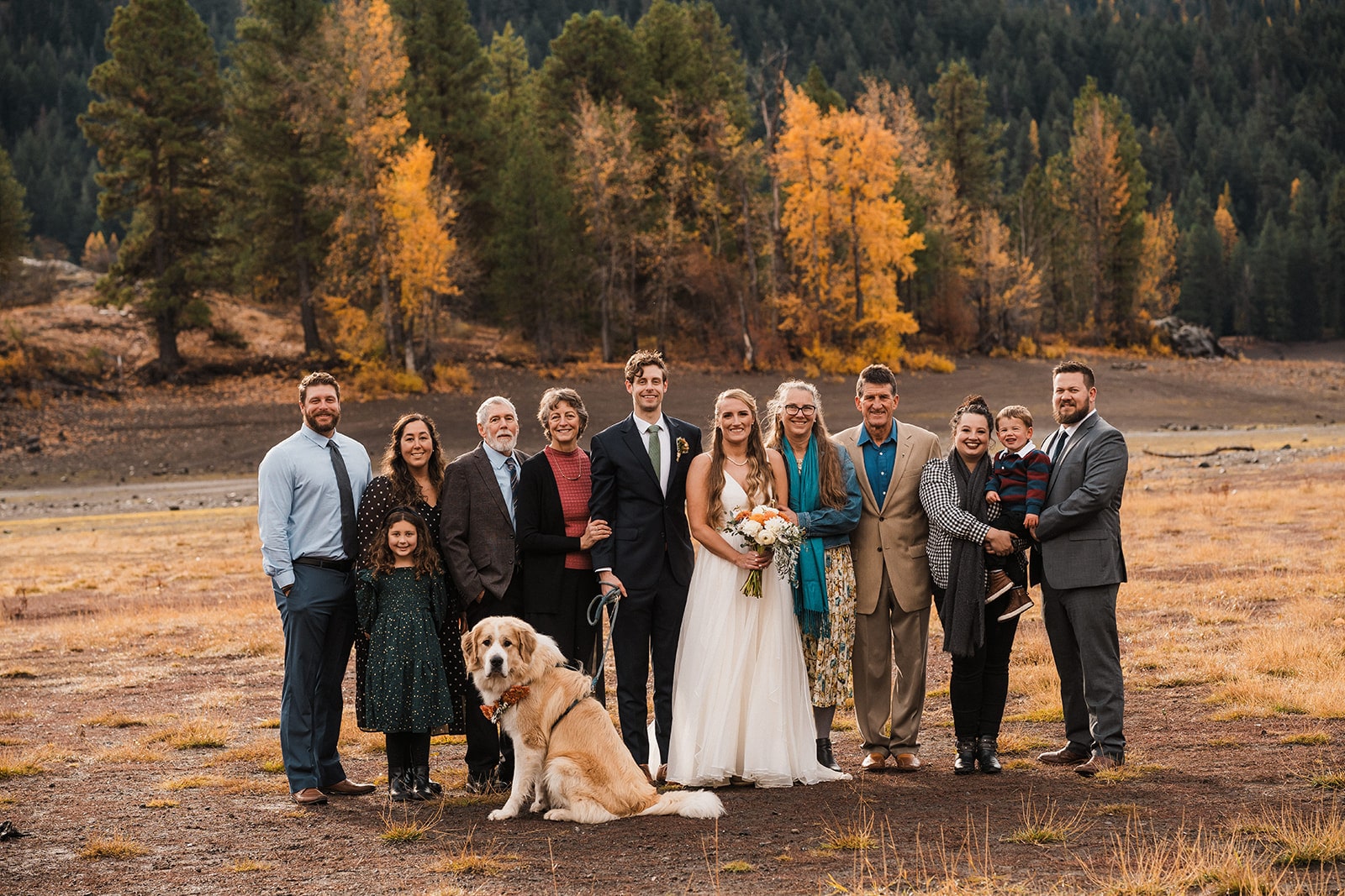 Wedding family portrait with dog in Washington.