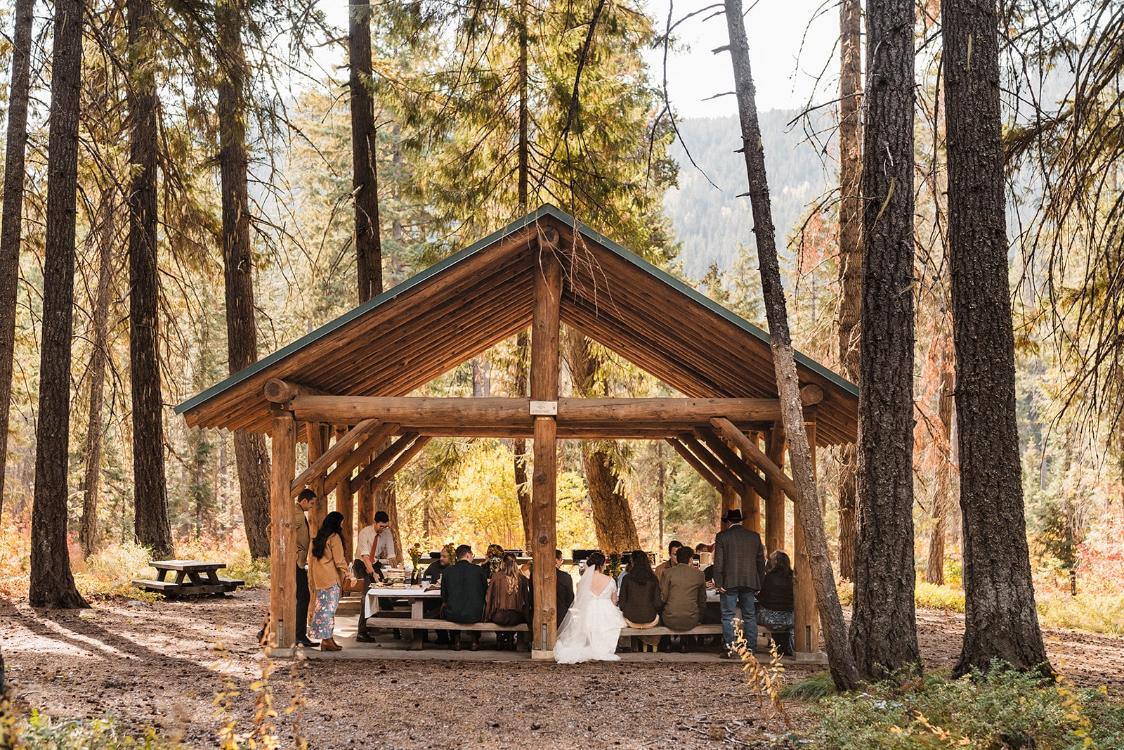 Bride and groom sit at a wood shelter with their guests during their reception at Lake Wenatchee State Park wedding venue.