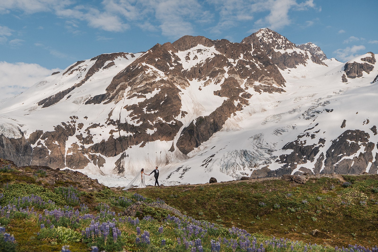 Bride and groom hold hands while walking on a mountain trail surrounded by wildflowers during their elopement in Alaska.