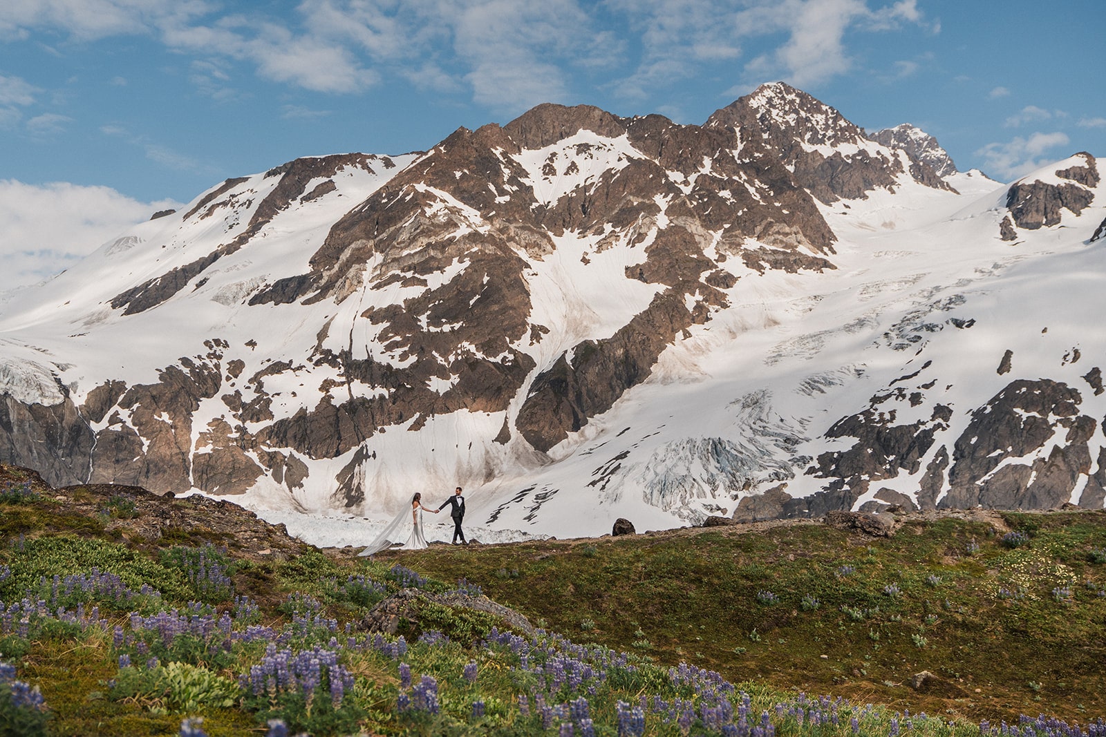 Bride and groom hold hands while walking through a wildflower meadow during their summer Alaska elopement.