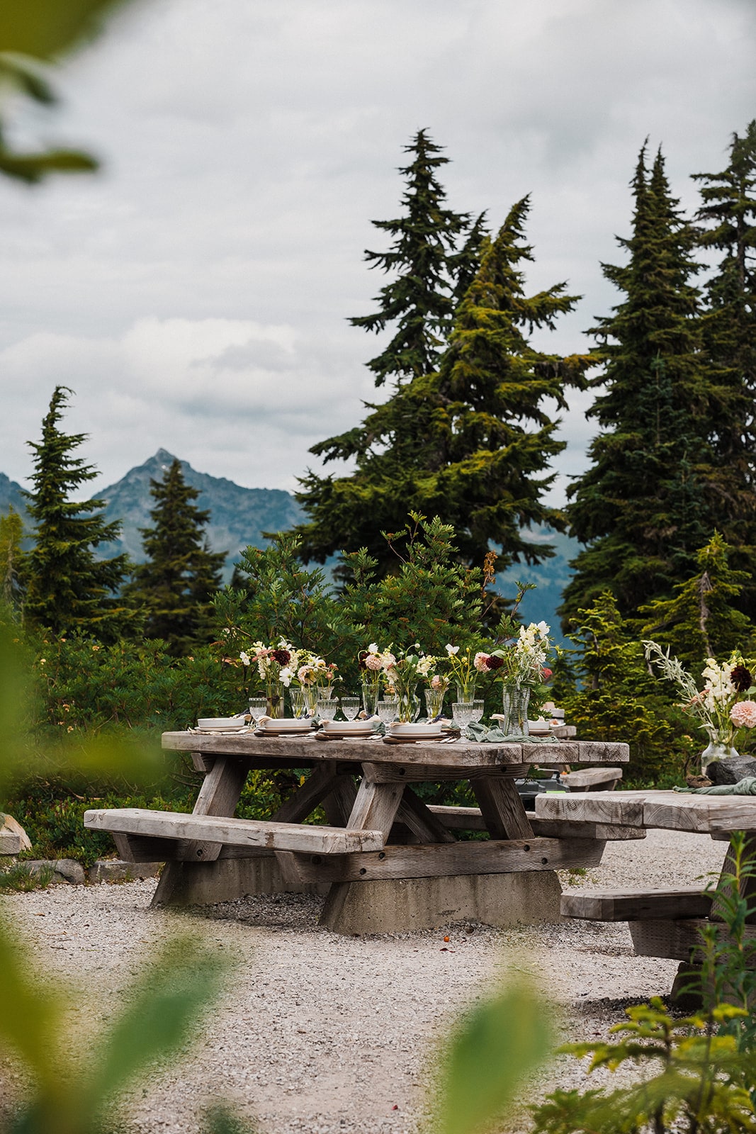 Picnic table at a day use area decorated for a small wedding reception dinner. 