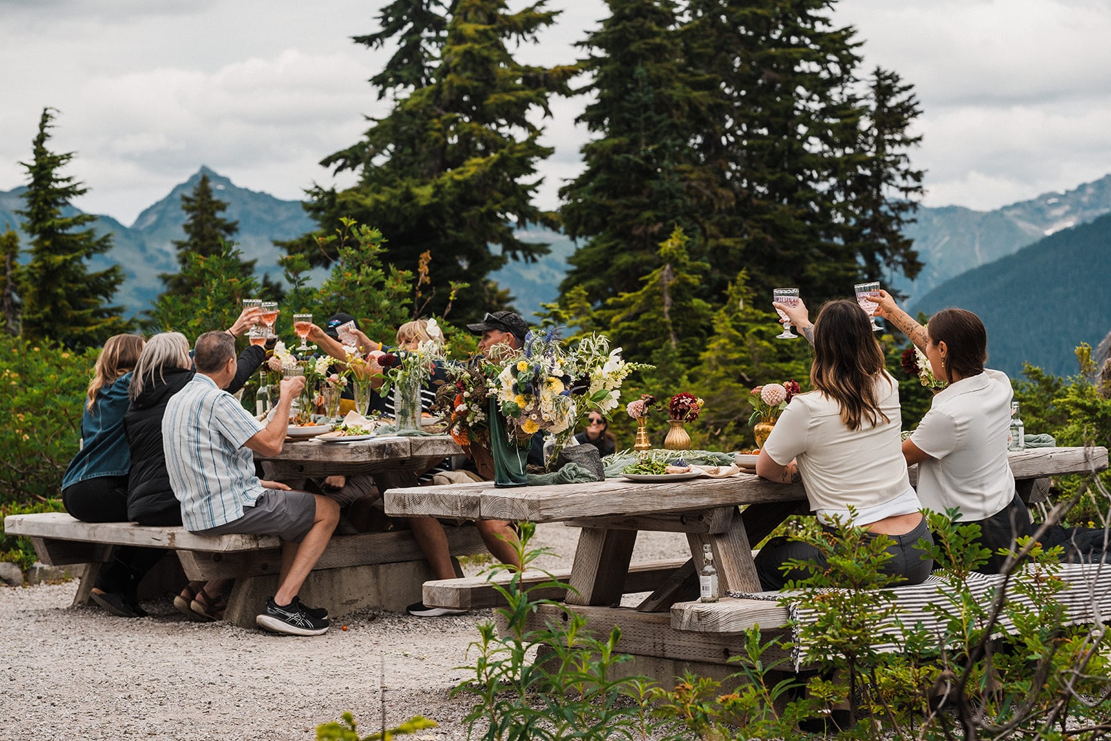Guests toast to brides during a picnic micro wedding dinner at a state park in Washington. 