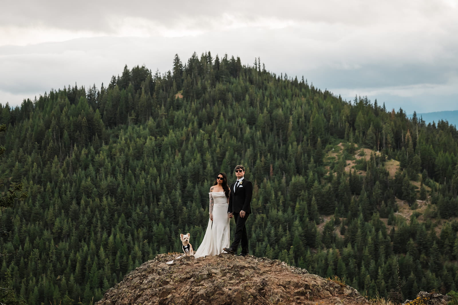 Bride and groom stand on a mountain trail with their pup wearing sunglasses during their rainy wedding day. 