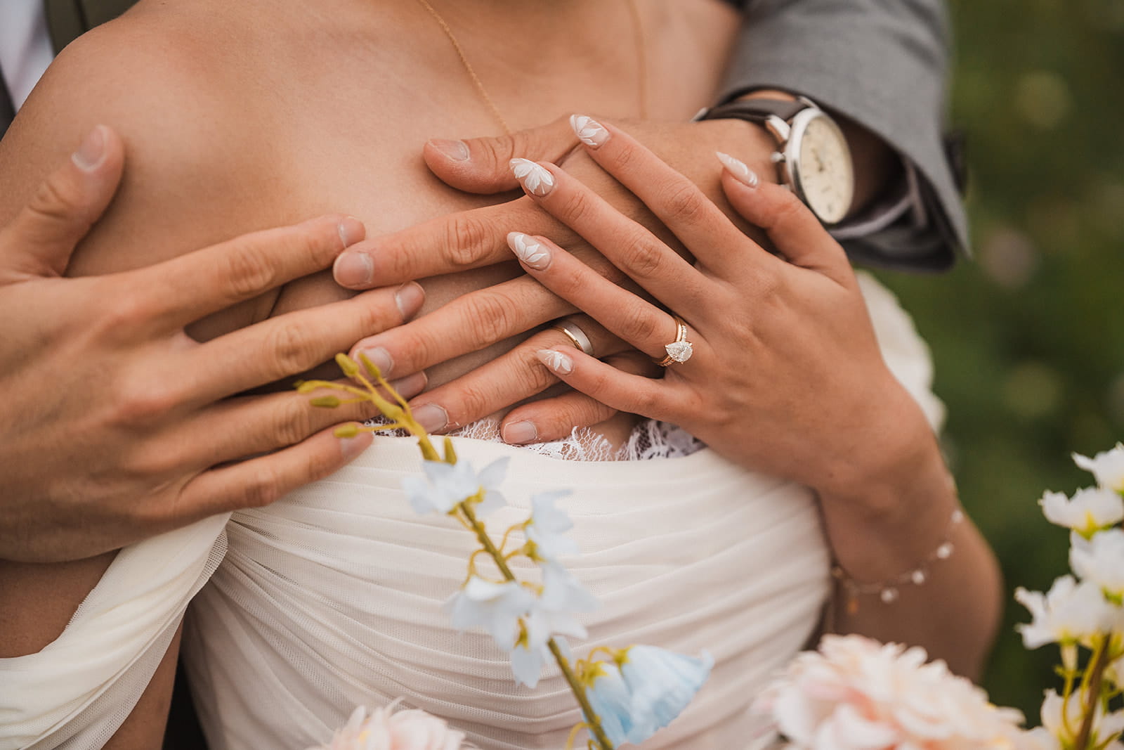 Bride and groom embrace during their forest wedding photos in Washington. 