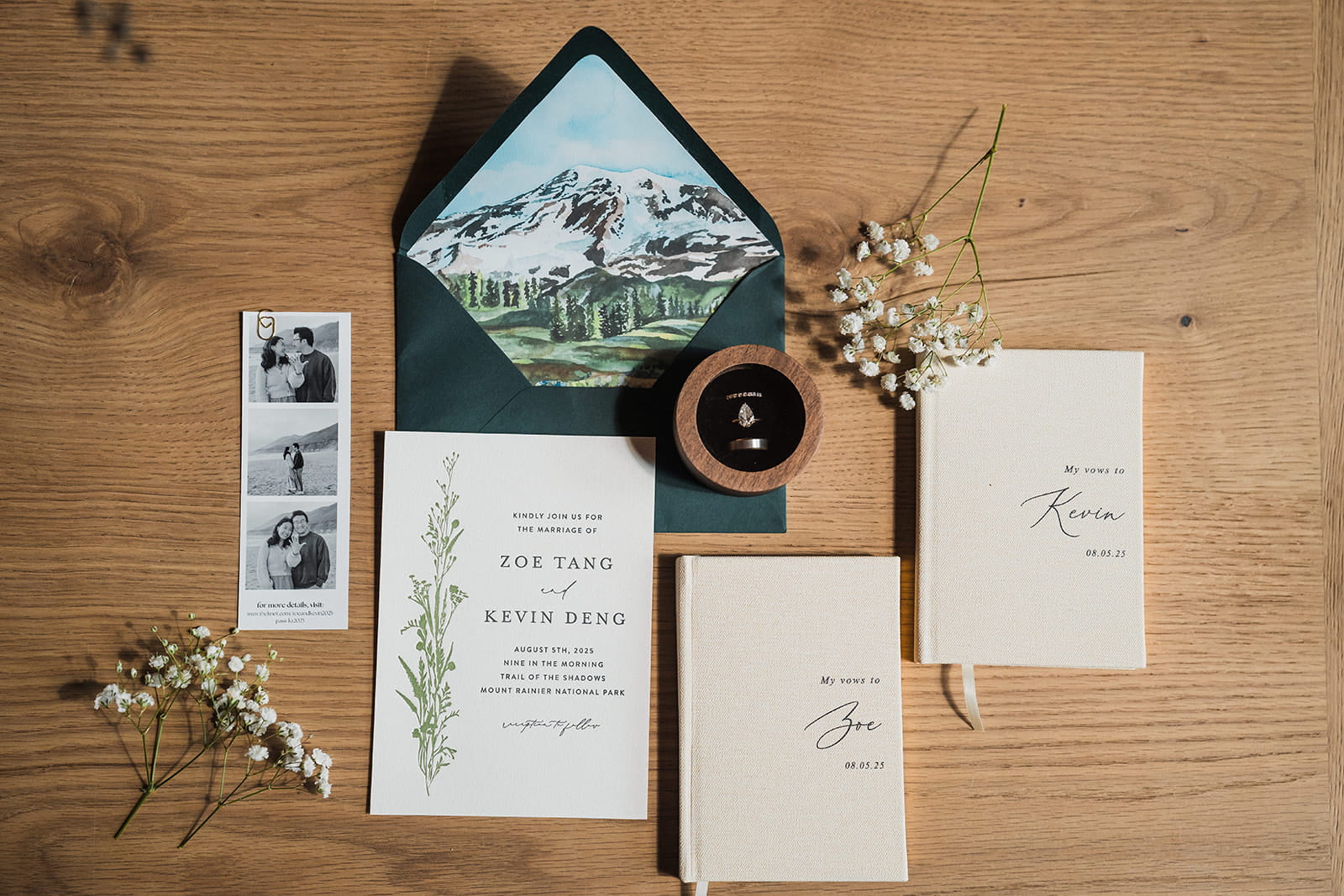 Green and white forest wedding stationery. 