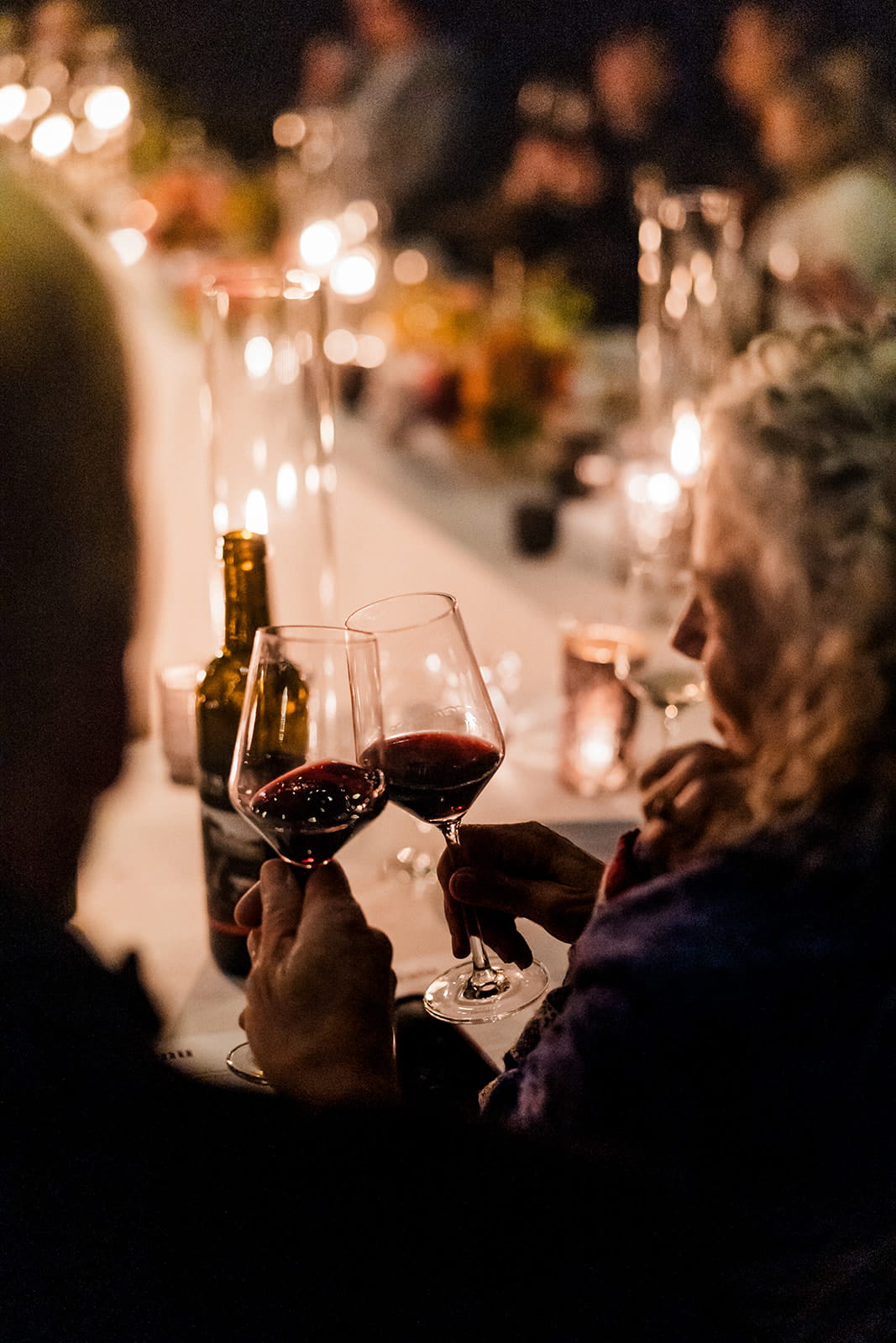 Guest toast wine glasses at a candlelight reception dinner. 