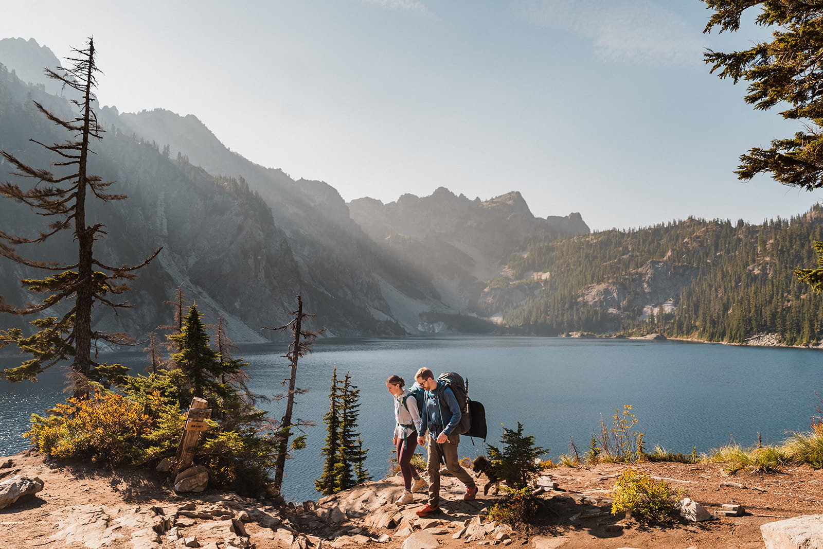 Couple hikes Snow Lake Trail during their backpacking elopement. 