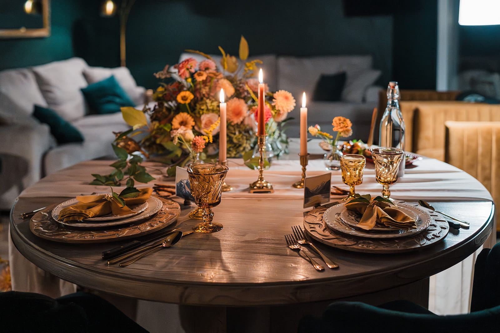 Elopement reception table set for two in an Airbnb cabin. 